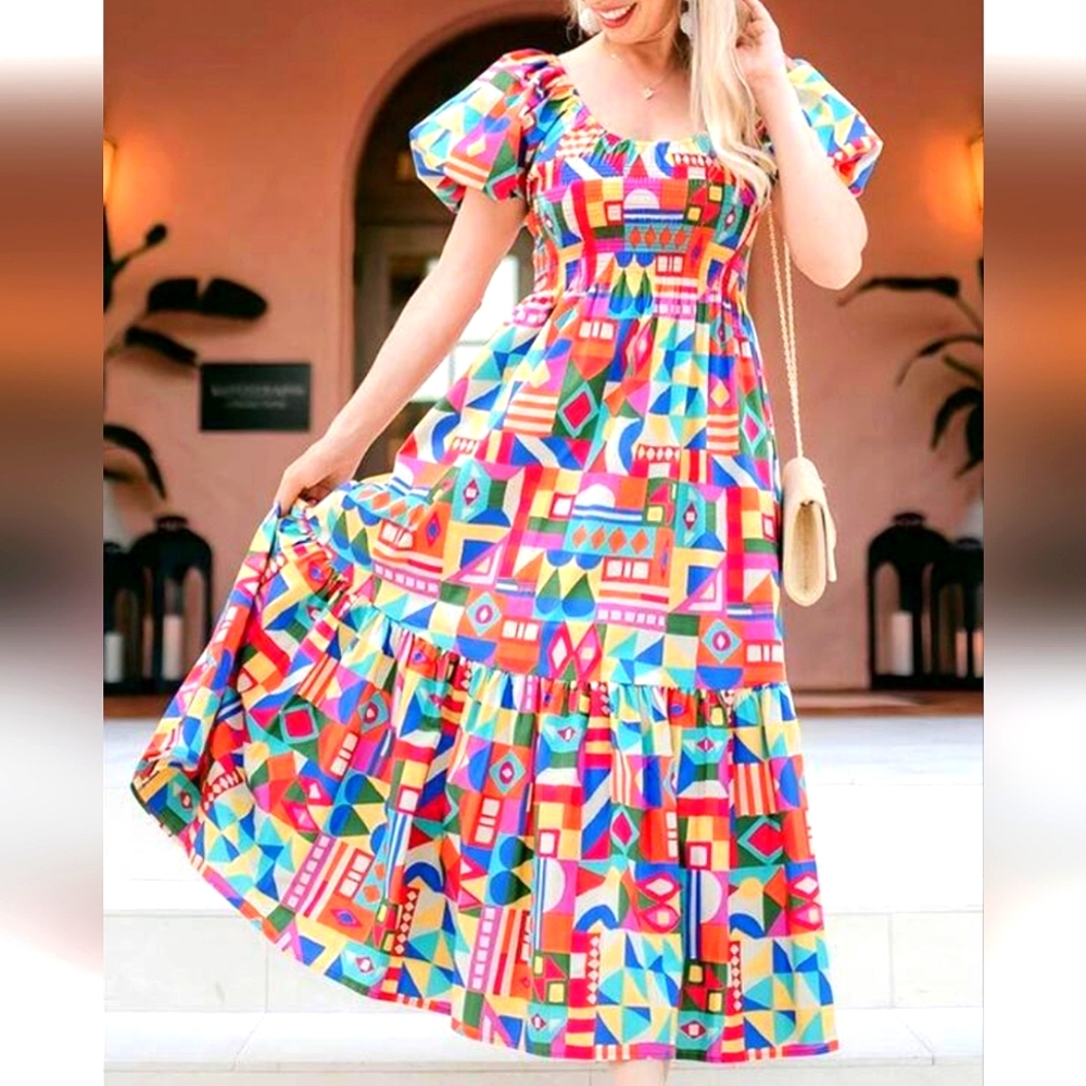 Antonio Melani Colorful Arabella Puff Sleeve Geometric Print Dress Size S